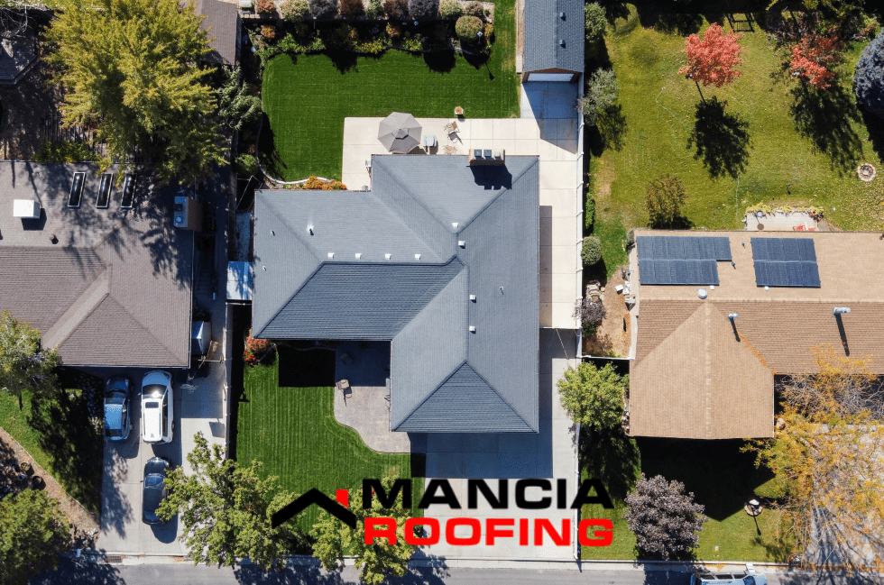 Suburban home with solar panels and lawn