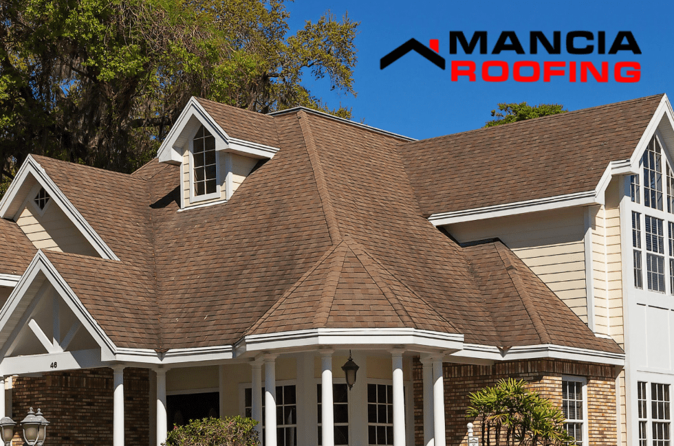 House with brown roof and logo