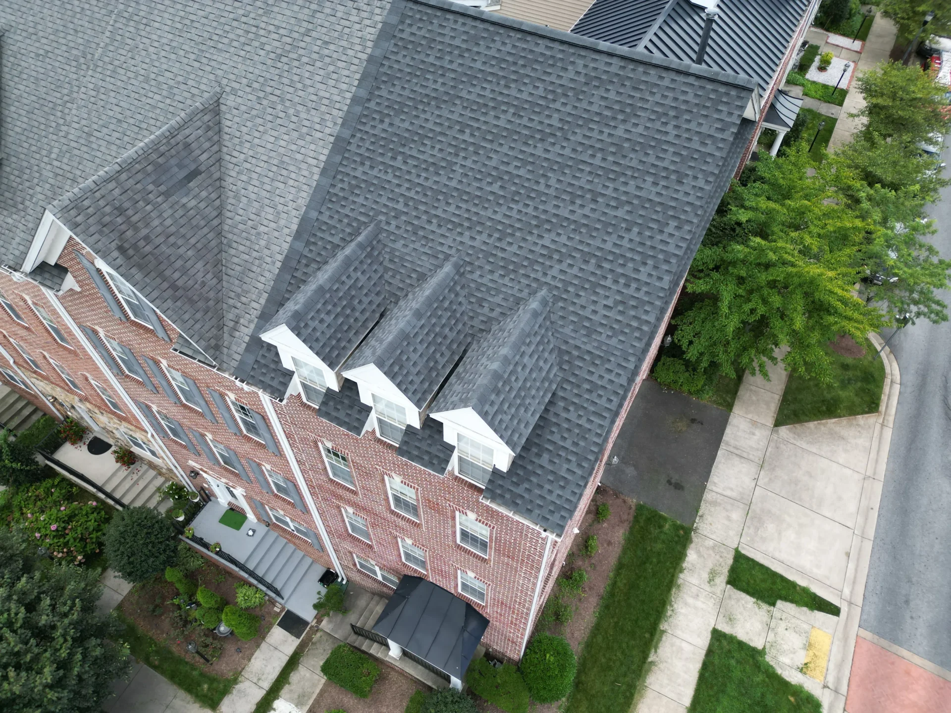 Aerial view of brick building roof
