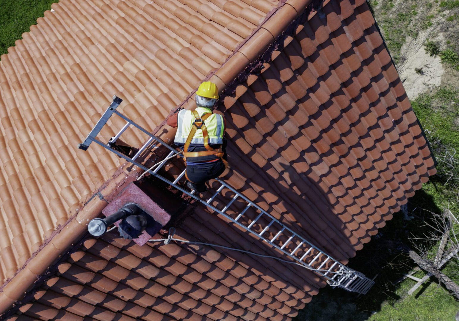Aerial view of roof inspection scene