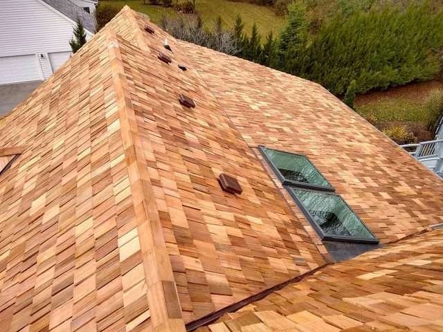 Wooden shingle roof with skylight